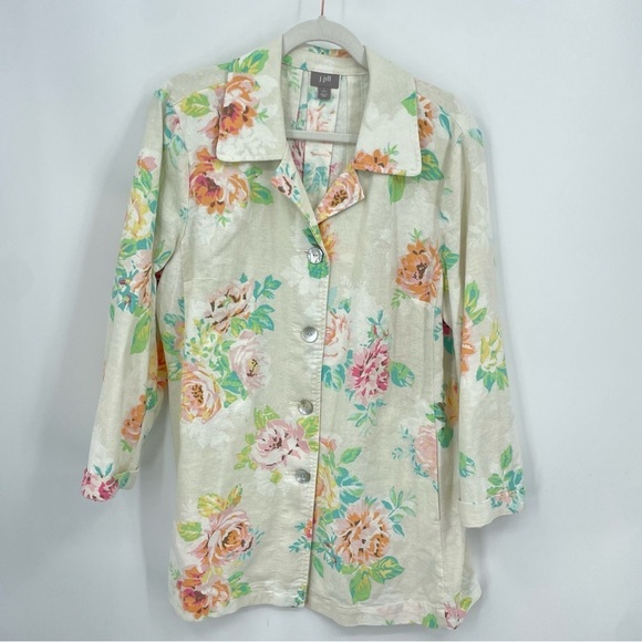 J Jill Jacket Sz L petite Cream Floral Button Up Linen Blend Oversized Collar - Picture 1 of 7